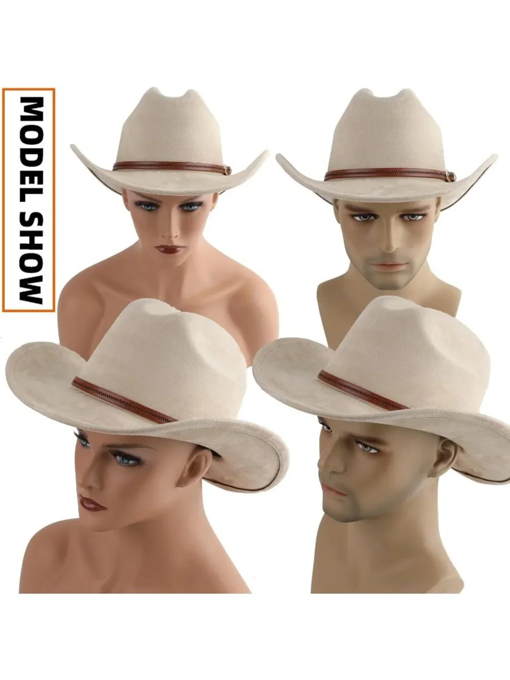 Men's Beige Faux Suede Wide Brim Western Cowgirl Cowboy Hat